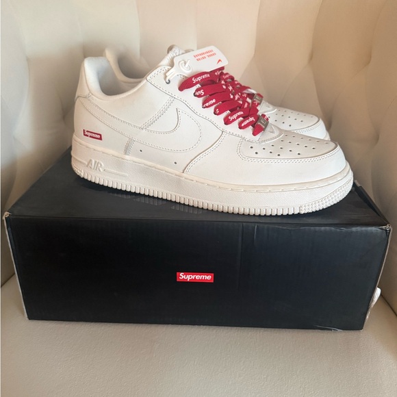 Nike x Supreme White Air Force 1 Low with Red Supreme laces